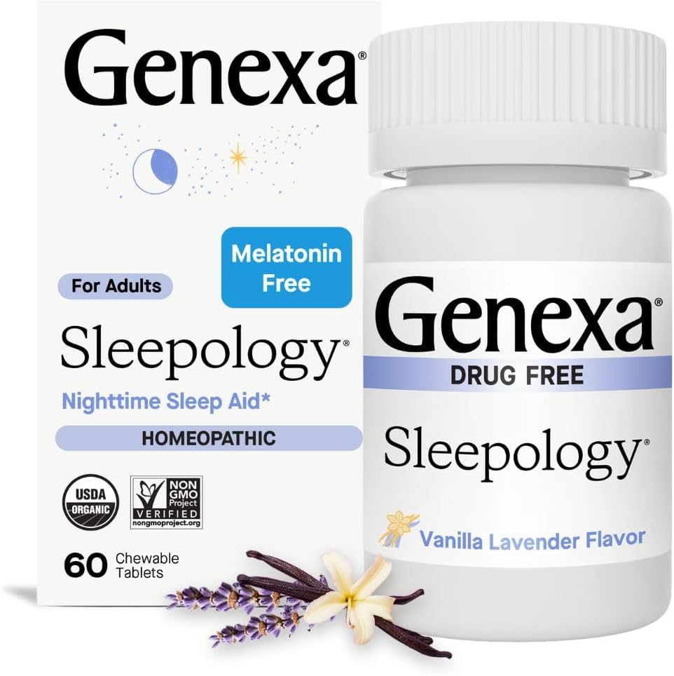 Genexa Sleepology for Adults | Melatonin Free Sleep Aid | Promotes Rest | Natural Vanilla & Lavender Flavor | Certified Organic & Non-GMO | Homeopathic Remedy Made Clean | 60 Chewable Tablets