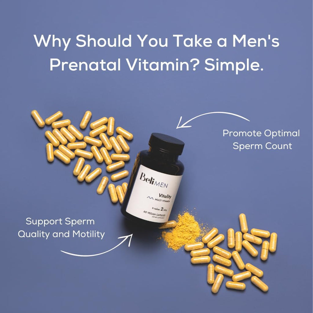 Beli Men Prenatal Multivitamin Preconception Fertility Support, Enhanced Sperm Health, Sperm Count & Motility, Testosterone, 60 Capsules with Vitamin E, B6, B12, Zinc, Folate & CoQ10, 30-Day Supply