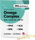 Complement Vegan Omega 3 Supplement- 960mg Omega-3 Fatty Acids, DHA, EPA, SDA, ALA Supplement - Immune Support- 60 Servings, 120 Liquid Capsules