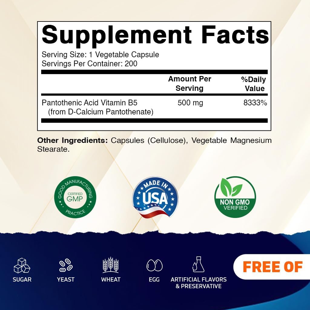 Vitamatic Pantothenic Acid (Vitamin B5) 500 mg- 200 Capsules - 2 Pack