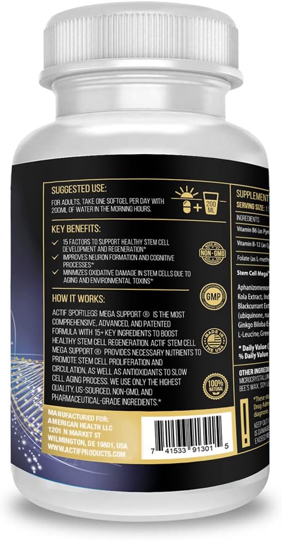 ACTIF Stem Cell Mega Support with 15 Factors - Non-GMO, 2 Month Supply, Made in USA