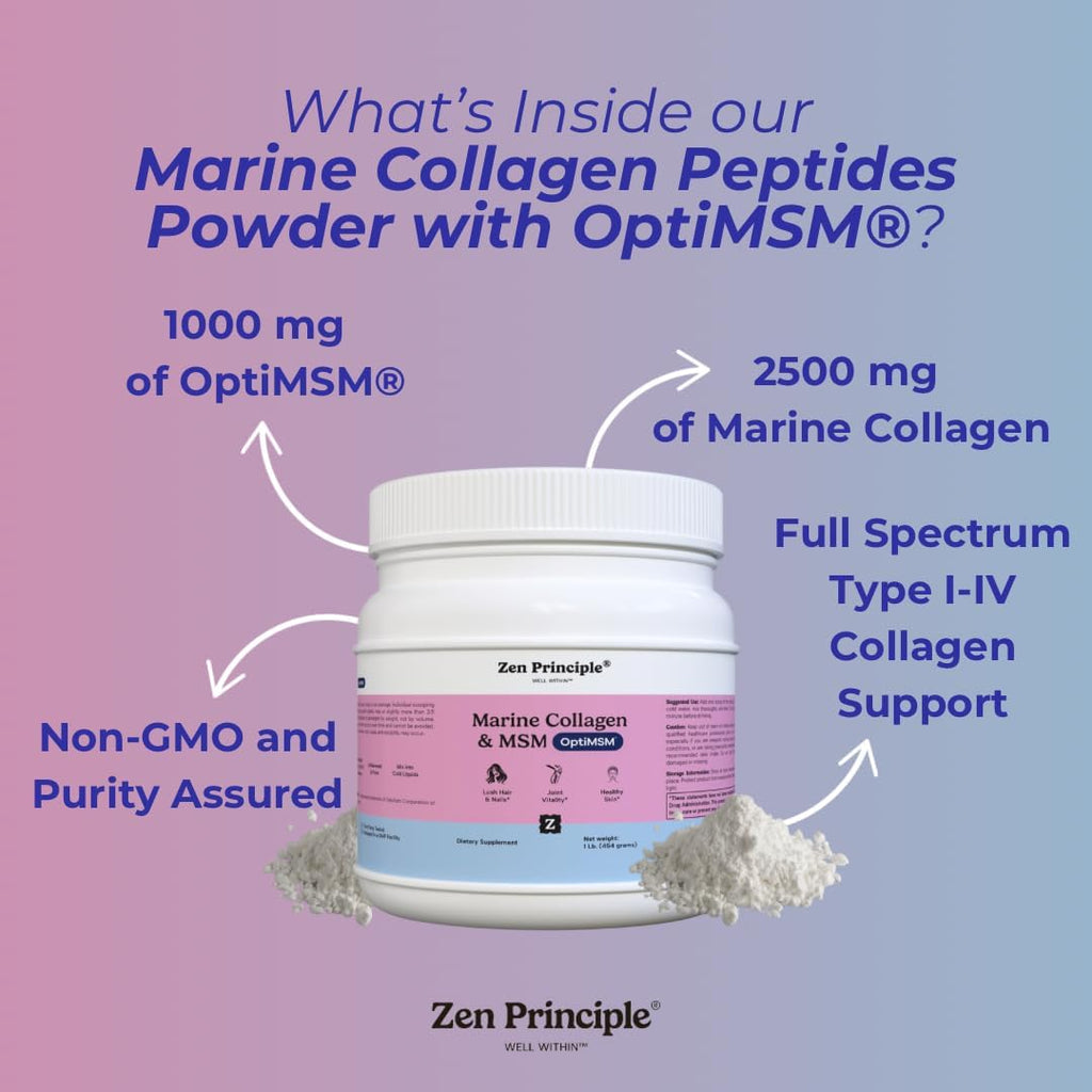 Zen Principle Marine Collagen Peptides Powder with OptiMSM® Supplement. Clinically Tested for Skin Support. Wild-Caught Fish, Non-GMO. Container 16 oz