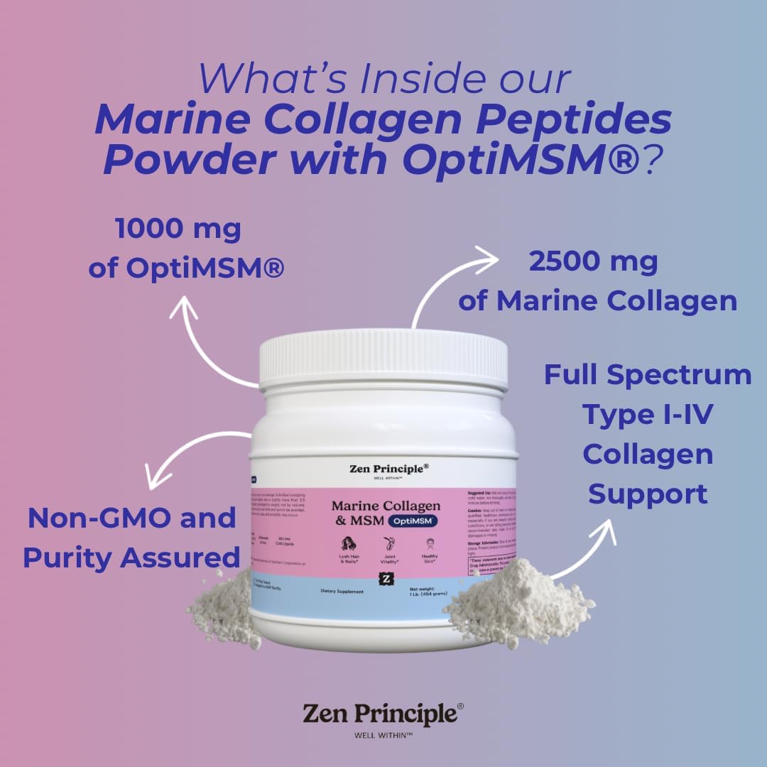 Zen Principle Marine Collagen Peptides Powder with OptiMSM® Supplement. Clinically Tested for Skin Support. Wild-Caught Fish, Non-GMO. Container 16 oz