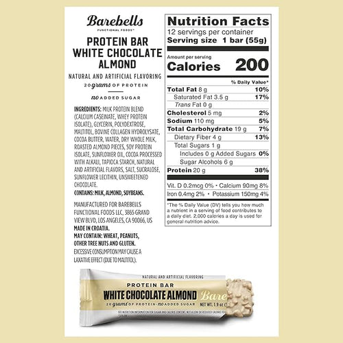 Barebells Protein Bars White Chocolate Almond - 12 Count, 20g High Protein Treats - Chocolate Nutrition Bar with 1g Total Sugars - On-The-Go Breakfast or Post-Workout Snack