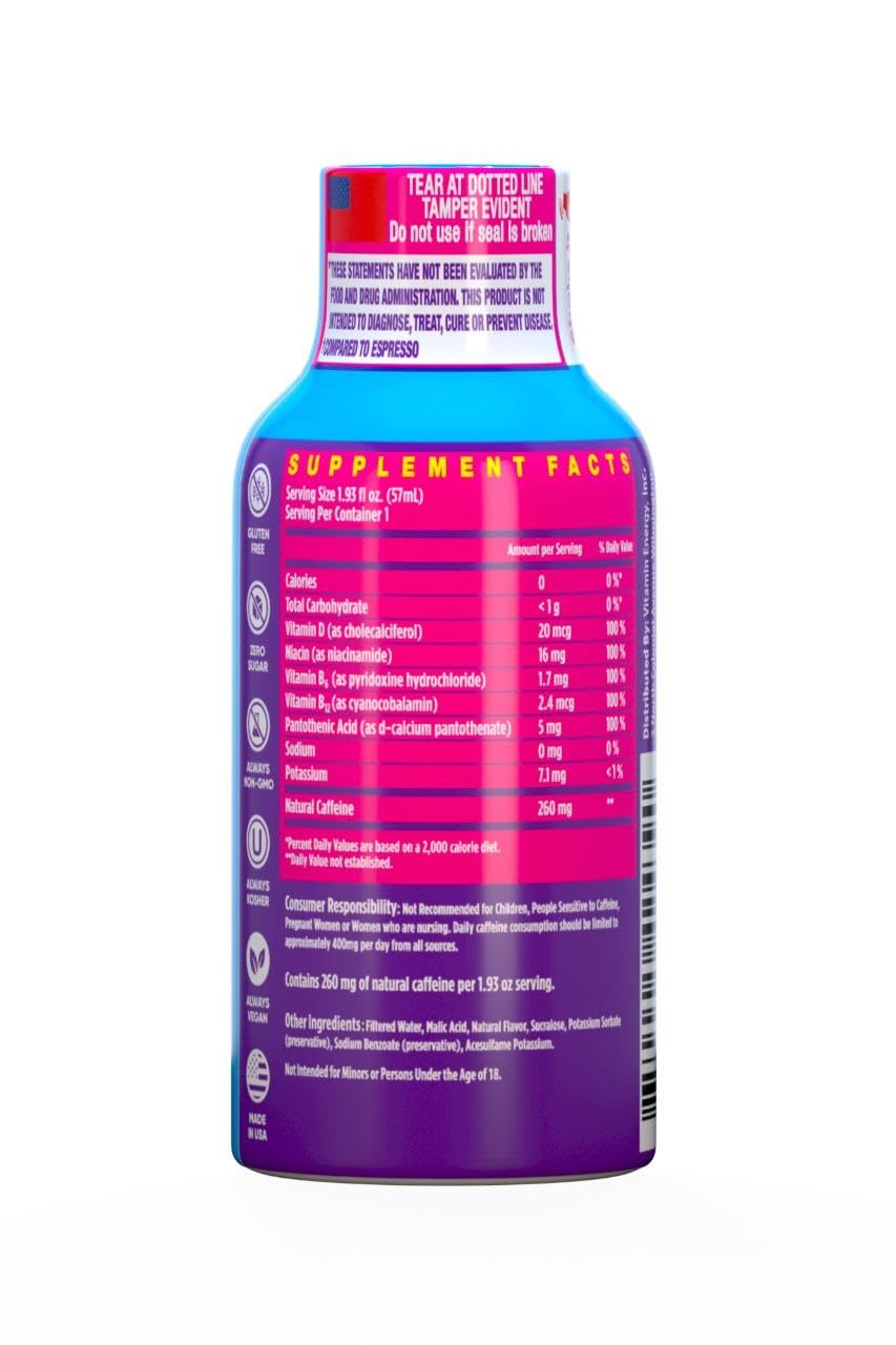 Vitamin Energy Vitamin D Extra Strength Energy Shot Mixed Berry 8 Pack, 260mg Natural Caffeine, B-Complex, Vitamin D, Wellness Support, Keto, Zero Sugar, Gluten-Free Vegan Kosher, 1.93 fl oz