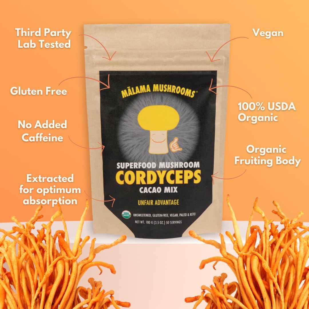 Malama Organic Mushroom Hot Cacao Mix, Cordyceps Mushroom Powder with Fair Trade Cacao, Supports Energy & Immune Health – Vegan Supplement & Superfood, Non GMO, 3.5 oz (50 Servings)