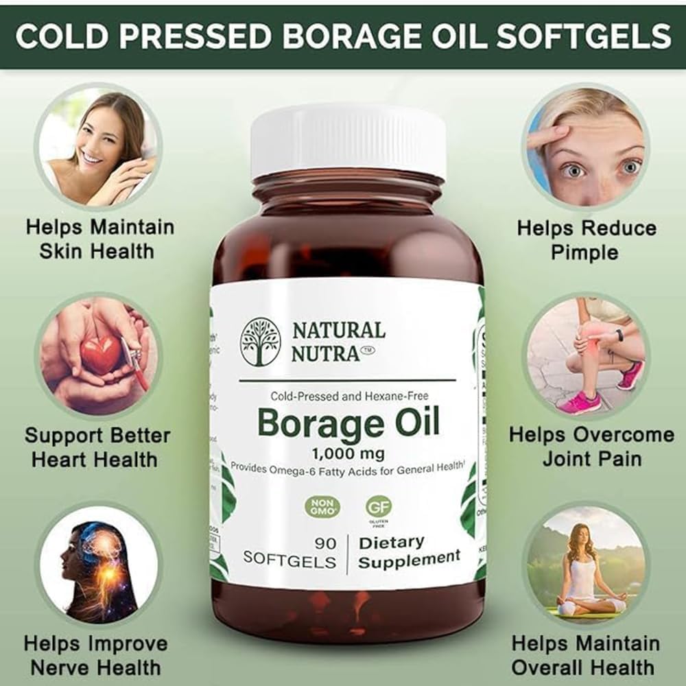 Natural Nutra Borage Oil, Maintain Skin Health, Support Better Heart Health, Improves Nerve Health, Help Overcome Joint paint, Help Reduce Pimple, Omega 6 Essential Fatty Acids Supplement 90 Softgels.