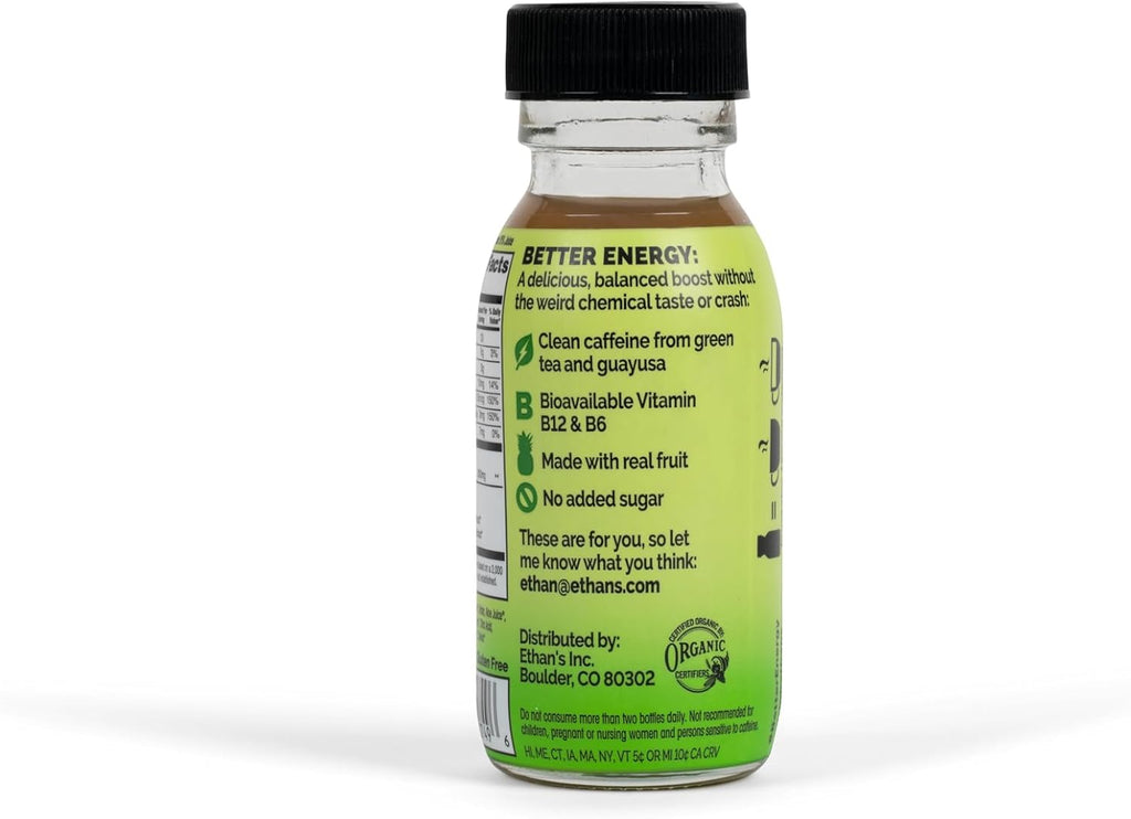 Ethan's Organic Clean Energy Shots Pineapple, Sugar Free Natural Pre-Workout Focus Boost, Gluten Free, Vegan, B6 & B12 Vitamin C with Green Tea Extract and Guayusa (12 Pack of 2oz Shots)