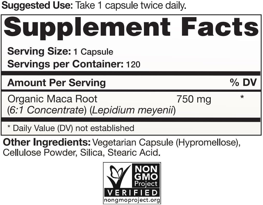 Organic Maca Root Capsules (High Potency), Non-GMO Verified Supplement - 120 Capsules, 2 Month Supply