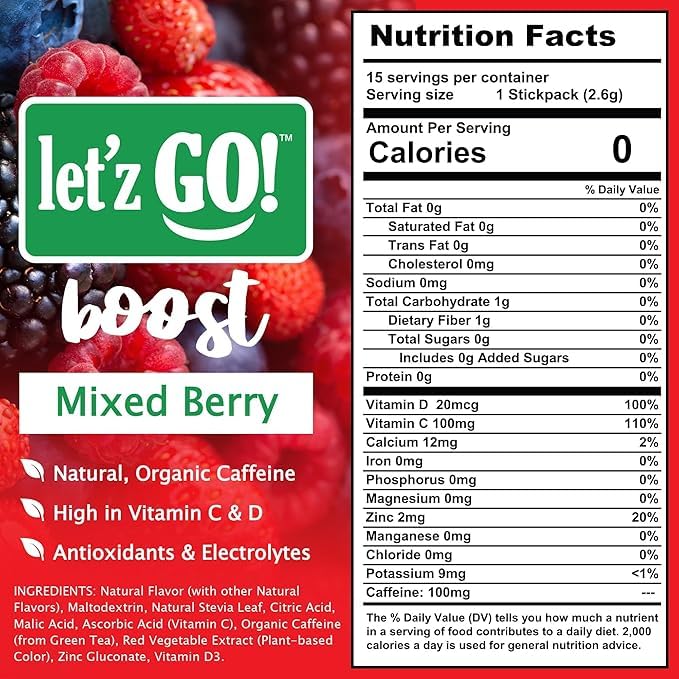 Let'z Go Clean Energy Drink Mix – Natural Caffeine Packets, Vitamins C + D, Electrolytes, Sugar-Free, Zero Calories | Anytime Energy | 30 Count (Mixed Berry)
