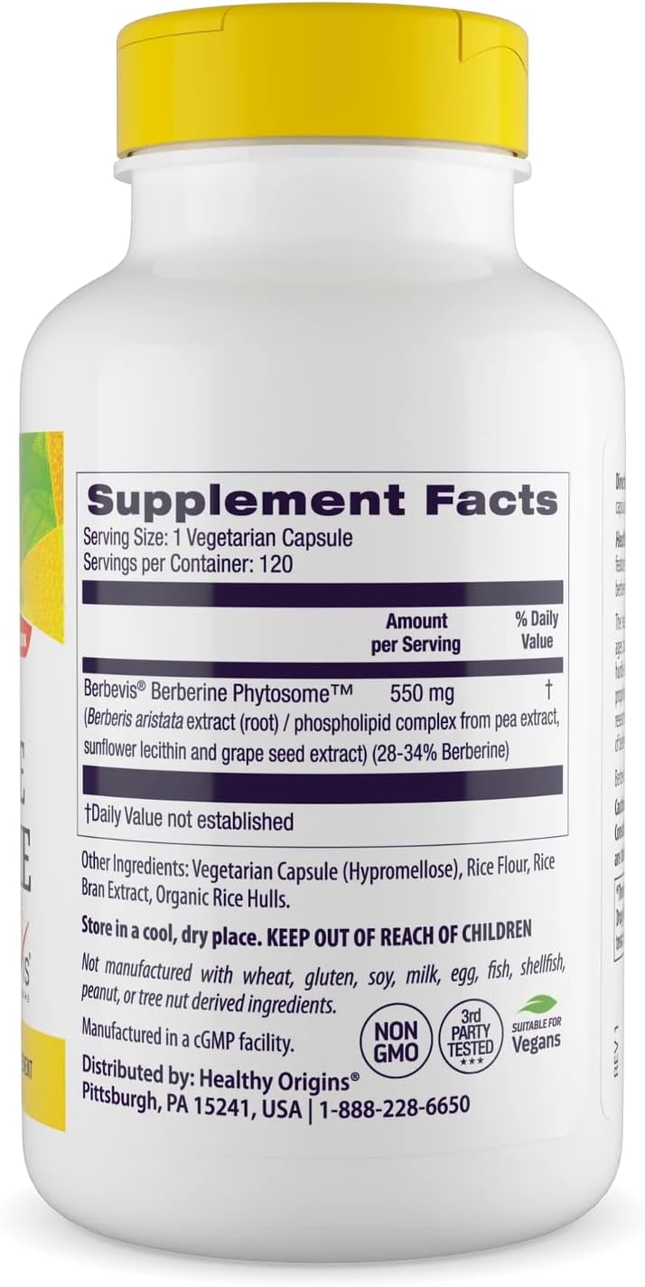 Healthy Origins Berberine Phytosome 550 mg (Berbevis), Berberine Supplement for Metabolic Support, Non-GMO, Vegan, 120 Veggie Caps