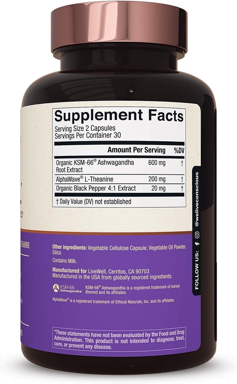 Live Conscious KSM-66 Ashwagandha Supplement w/L Theanine & AlphaWave - ZenWell Everyday Stress Relief, Cognitive, Brain Health - Ashwagandha for Men & Women - 60 Capsules