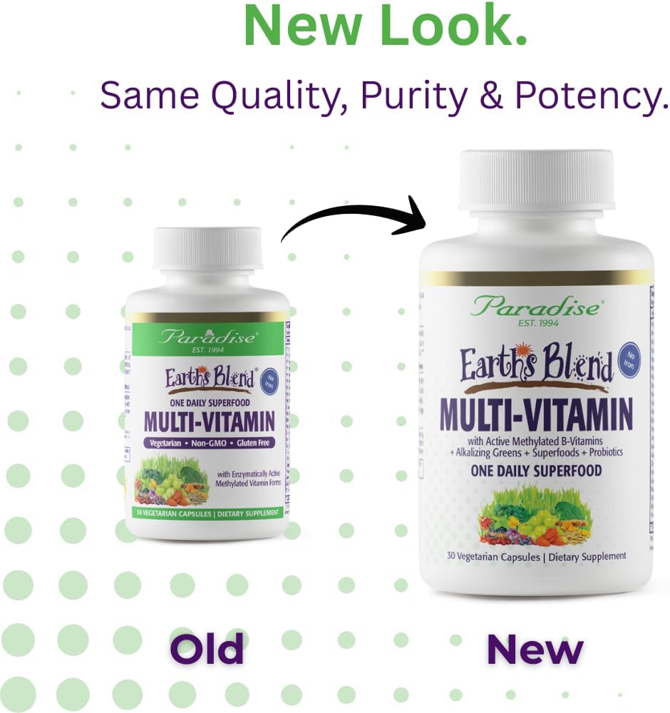 Paradise Herbs Earth's Blend Once Daily Multivitamin for Men, No Iron, 48 Organic Superfoods, Probiotics, Antioxidants, Vitamins A, B12, C, D, K2, 30 Count