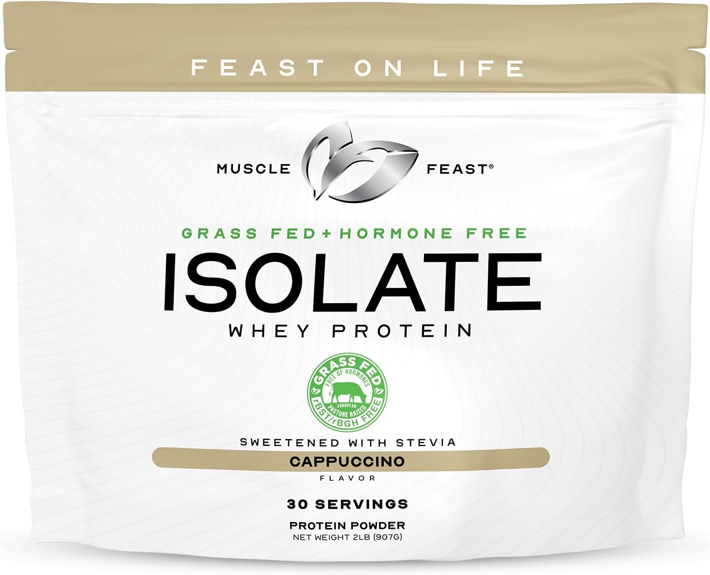 Muscle Feast Grass-Fed Whey Protein Isolate, All Natural Hormone Free Pasture Raised, Whey Isolate Protein Powder for Men and Women, Clean, Gluten-Free, Delicious Isolate Protein - Cappuccino, 2lb