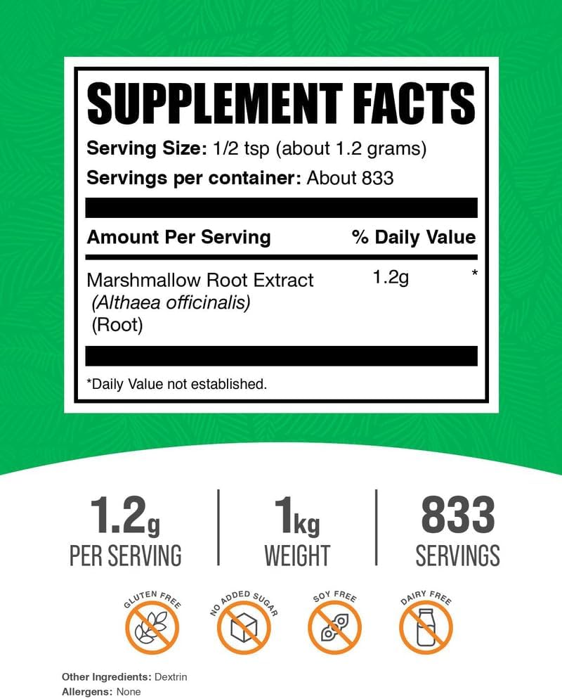 BulkSupplements.com Marshmallow Root Extract Powder - Marshmallow Root Supplement, Herbal Supplement - Gluten Free, 1.2g per Serving, 1kg (2.2 lbs) (Pack of 1)