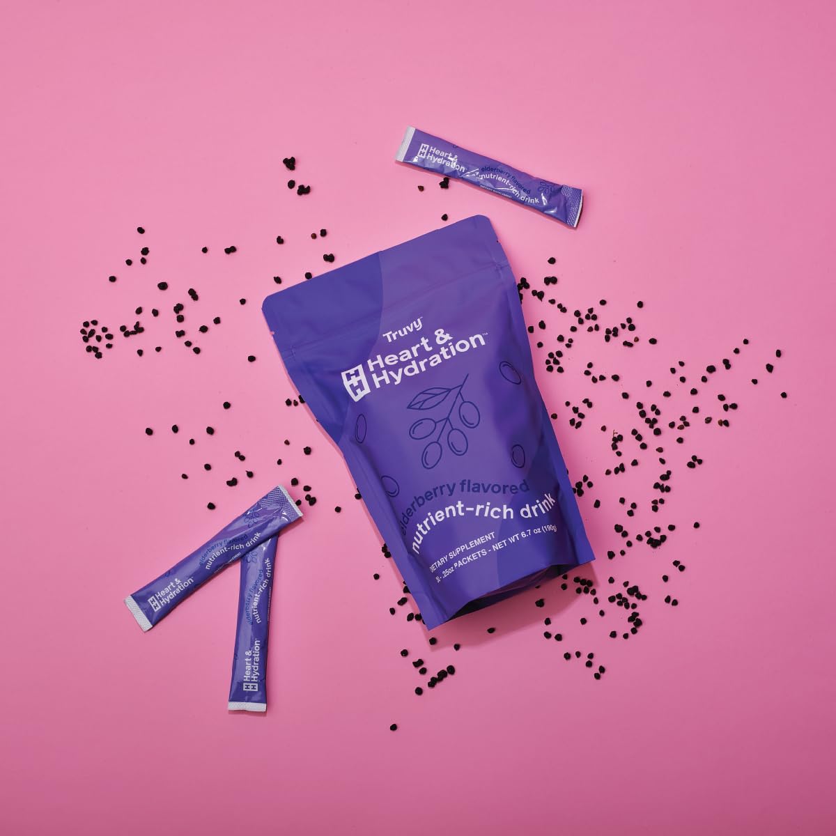 Truvy Heart & Hydration - Elderberry | 30 Stick Packs | Sugar-Free Super Drink Mix | Supports Hydration, Energy, and Heart Health | Infused with Electrolytes, CoQ10, Ginseng