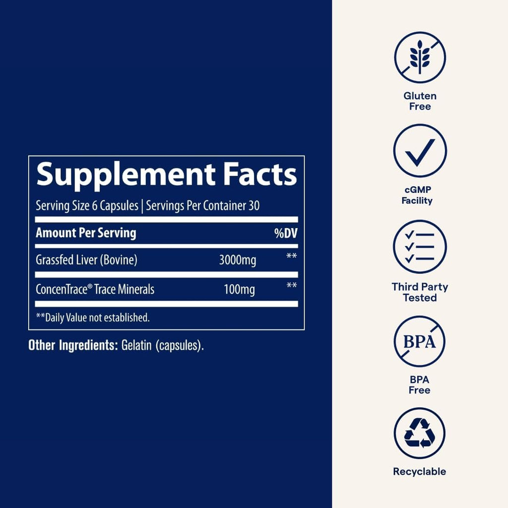 Trace Minerals Beef Liver, 500mg - Bone Health & Energy Support Supplement - Nutritional Supplement Aids Healthy Skin & Immunity - Beef Liver Supports Healthy Organs - 180 Capsules (30 Servings)