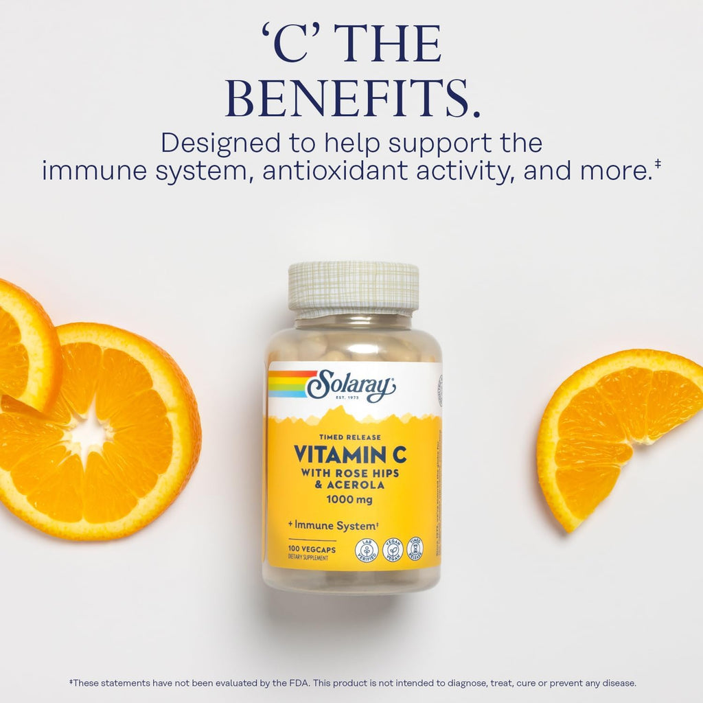 SOLARAY Vitamin C 1000mg - Time Release Vitamin C Capsules w/Rose HIPS and Acerola for Bioflavonoid Support - Two-Stage, All-Day Immune Support - Vegan, 60 Day Guarantee, 100 Servings, 100 VegCaps
