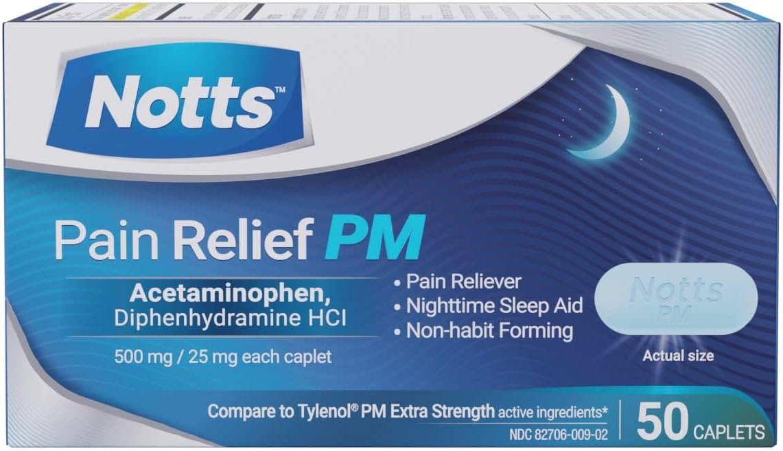 PM Extra Strength Pain Relief & Sleep Aid, 500mg Acetaminophen & 25mg Diphenhydramine HCl, 50 Caplets for Nighttime Aches, Headaches & Body Pain, Non-Habit Forming
