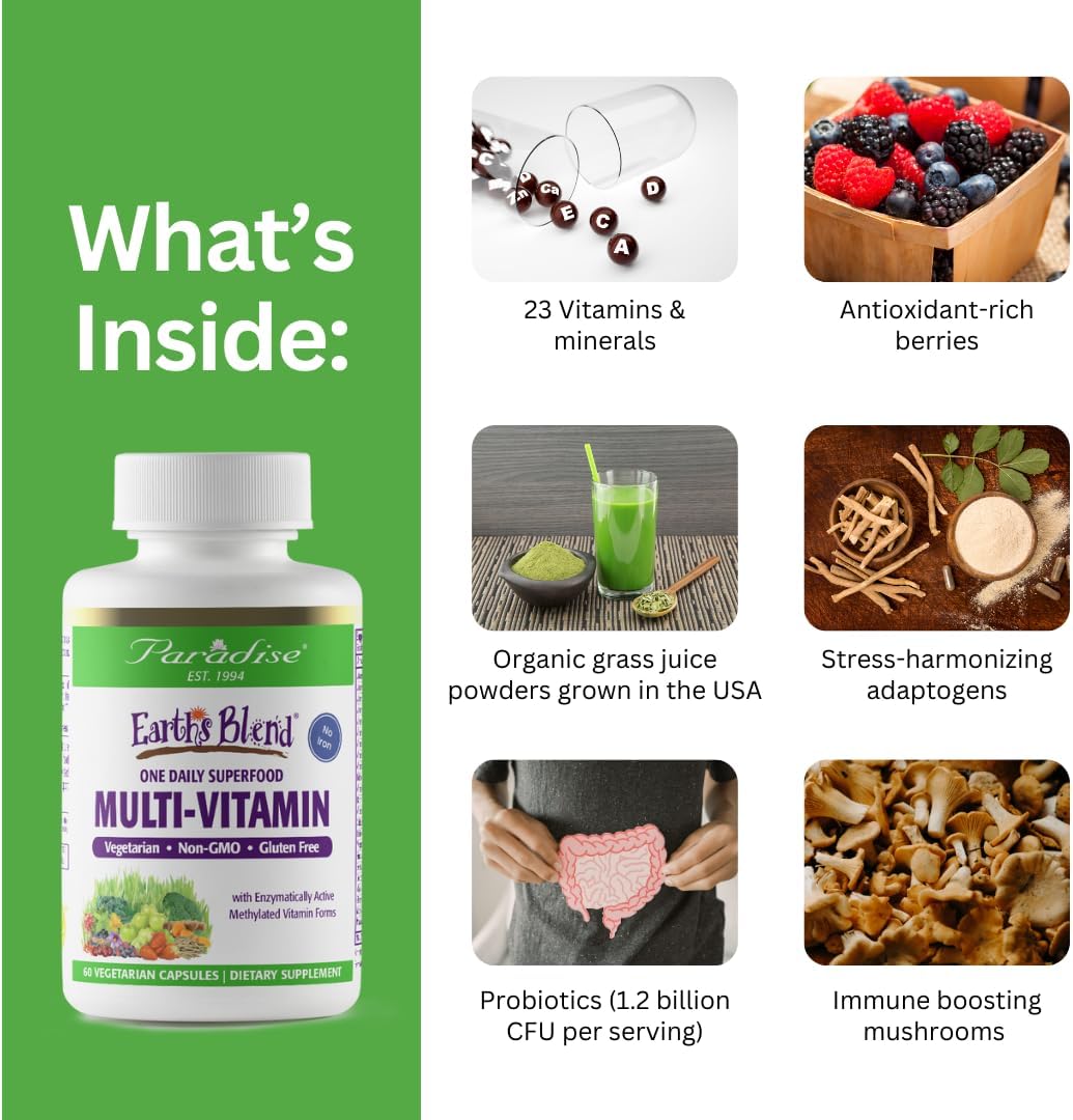 Paradise Herbs Earth's Blend Once Daily Multivitamin for Men, No Iron, 48 Organic Superfoods, Probiotics, and Vitamins A, B12, C, D, K2, 60 Count