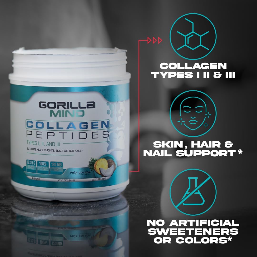 Gorilla Mind Collagen Peptides Powder - Joint & Bone Health/Great for Hair, Skin & Nails/Sleep Support/Types I, II, III/Mix in Water, Juice or a Smoothie - 435g (Blue Raspberry)