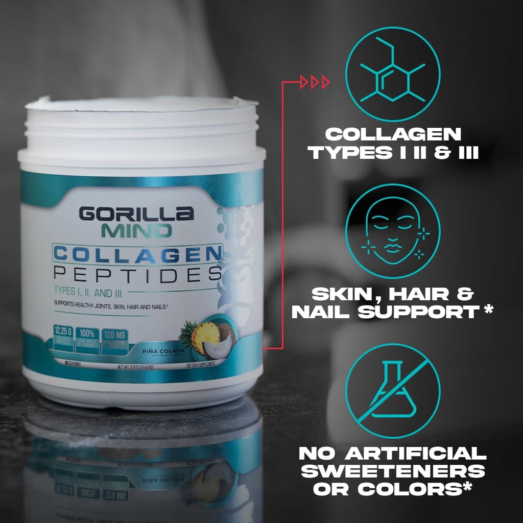 Gorilla Mind Collagen Peptides Powder - Joint & Bone Health/Great for Hair, Skin & Nails/Sleep Support/Types I, II, III/Mix in Water, Juice or a Smoothie - 426g (Mixed Berry)