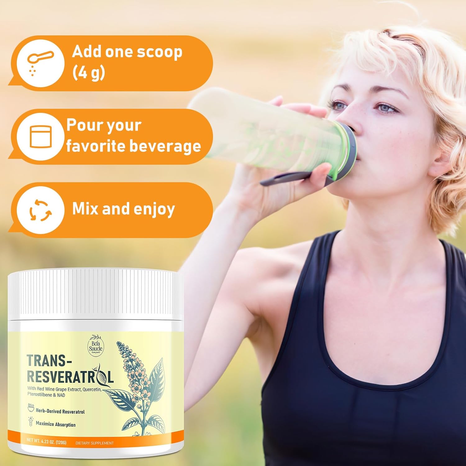 Trans-Resveratrol Powder Supplement with Red Wine Extract, Quercetin, Pterostilbene & NAD, 4.23 OZ, 30-Day Supply