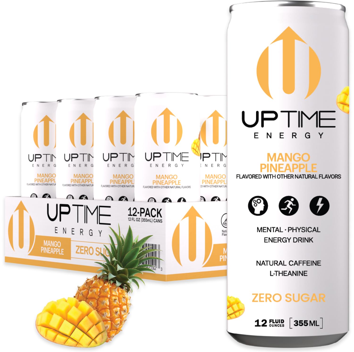 UPTIME Energy Drink, Mango Pineapple, 12 Pack, Vitamin C, L Theanine, Calcium, Sugar Free Energy Drinks for Focus Support, 142mg of Natural Caffeine, 5 Calories, Clean, Natural, Non GMO, 12 fl oz Cans