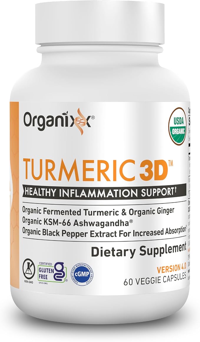 Organixx USDA Organic Turmeric Curcumin Supplement with Ashwagandha, Vitamin D, Turmeric & Ginger – Fermented for Maximum Bioavailability, 60 Count (Pack of 2)