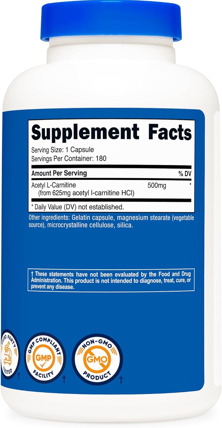 Nutricost Acetyl L-Carnitine (ALCAR) 500mg, 180 Capsules, 180 Servings - Non-GMO and Gluten Free, 1 Capsule per Serving