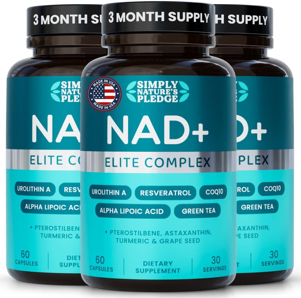 NAD+ Elite Complex – Direct NAD+ 300 mg with Urolithin A, Resveratrol, CoQ10 & Antioxidant Blend – Cellular Energy, Mitochondrial Support & Healthy Aging – Vegan, Non-GMO- 60 Capsules (Pack of 3)