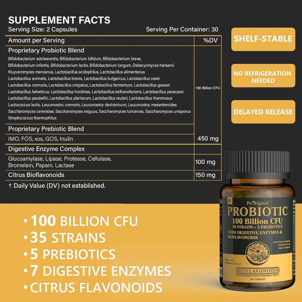 Organic Probiotics for Women & Men, 100 Billion CFU Probiotic for Digestive, Gut & Immune Health - with Prebiotics, Bioflavonoids & Digestive Enzyme, 35 Strains Raw Probiotic Supplement, 180 Caps