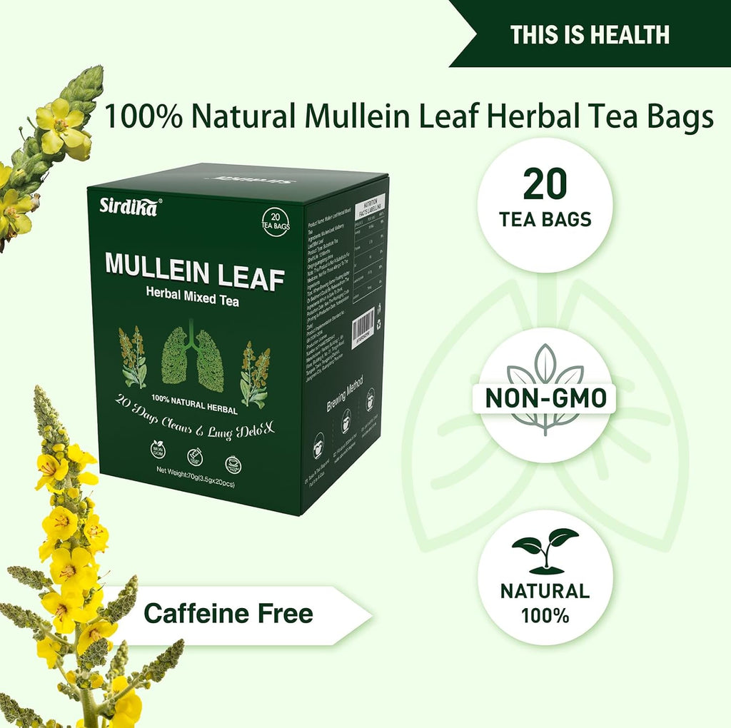 Mullein Tea Bags for Lungs - 20 Teabags (2.47oz/70g), 100% Pure Natural Premium Mullein Leaf, Mint Leaf, Mulberry Leaf for Lungs Cleanse and Respiratory Support, Herbal Teas, Caffeine Free (2 BOX)