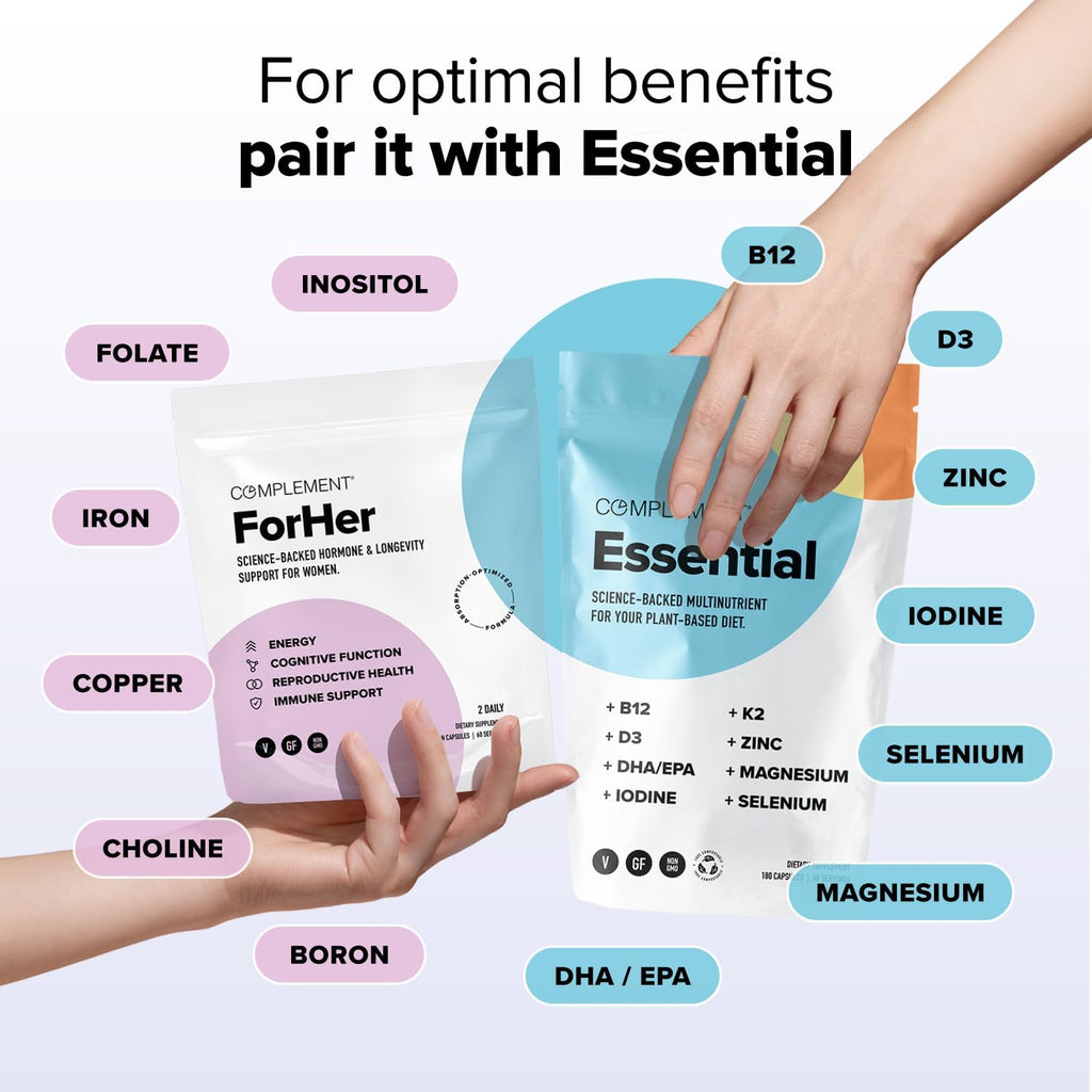 Complement ForHer Multivitamin - Hormone Balance for Women (60 Servings) Inositol Supplement, Longevity Support- B9, Iron - 120 Capsules