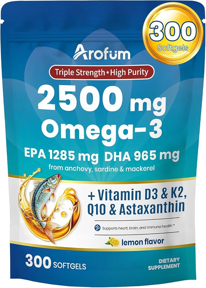 Omega 3 Fish Oil with Vitamin D3 K2 – 300 Lemon Flavored Burpless Softgels | Fish Oil Omega 3 Supplements Support Heart, Brain, Eyes & Immune Health | Gluten-Free, Non-GMO