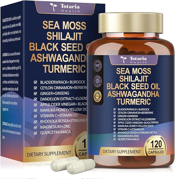 25-in-1 Sea Moss Black Seed Oil Ashwagandha Ginger Shilajit Supplement, Sea Moss Capsules Pro with Bladder Burdock Ceylon Cinnamon Berberine ACV Manuka VIT C & D3 for Men Women, 120 Vegan Caps