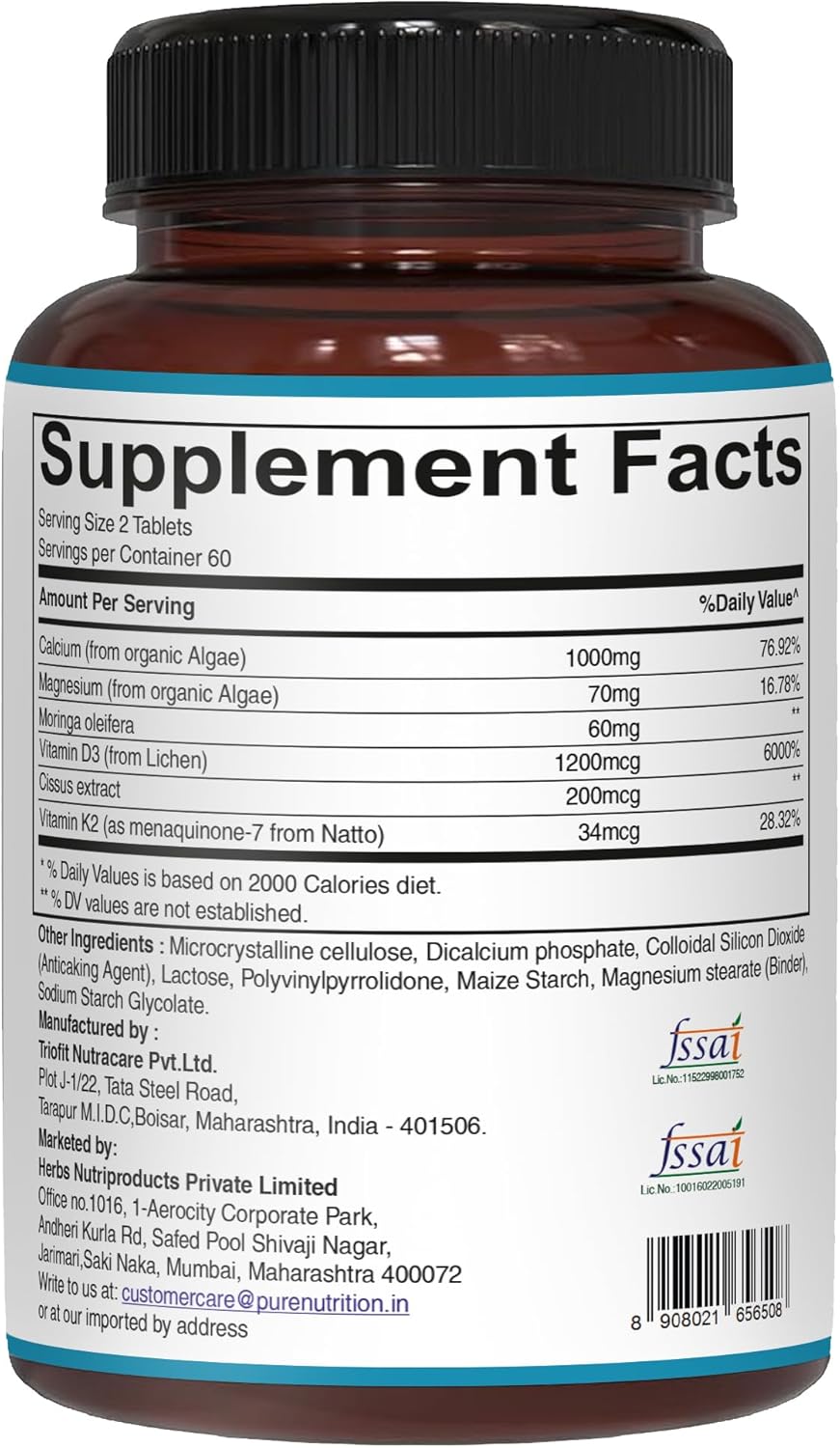 Pure Nutrition Cal D - Plant Based Calcium with VIT D3 K2 & Magnesium | 120 Tabs | 500mg Vegan Calcium per Serving | Algae Calcium Supplement for Bone Health