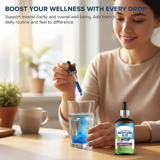 Methylene Blue Pharmaceutical Grade, 2 Fl oz Methylene Blue Drops, Supports Brain Health, Focus, Increased Absorption, Liquid Formula with Dropper, No Formaldehyde & GMO