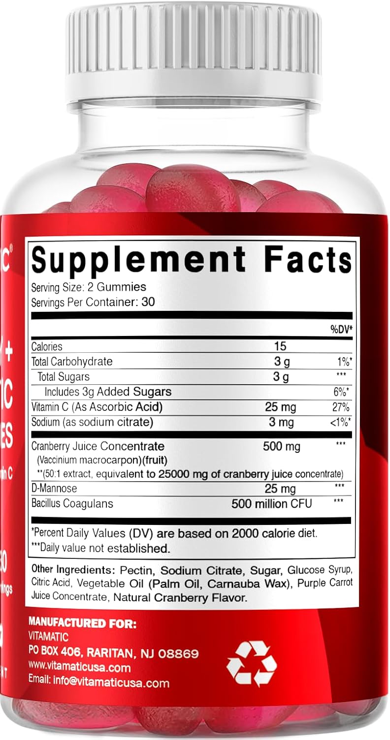 Vitamatic Vegan Cranberry Gummies with D-Mannose, Probiotics & Vitamin C – 25,000 mg Equivalent per Serving (from 50:1 Extract 500 mg) – 60 Count – Urinary Tract Health Support for Women