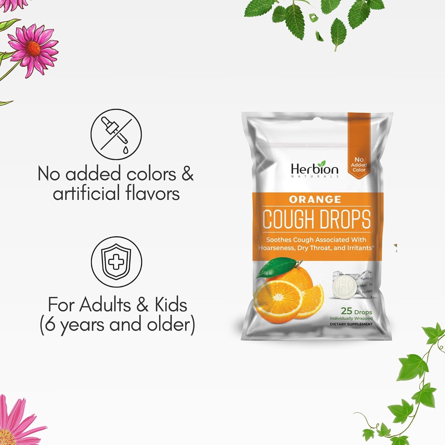 HERBION Naturals Cough Drops with Orange Flavor, Dietary Supplement, Soothes Cough, for Adults and Children Over 6 Years, 125 Lozenges, Pack of 5