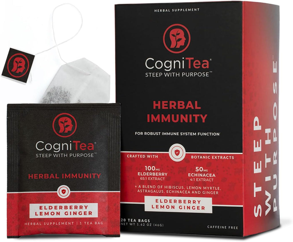 Herbal Immunity Tea - Immune System Booster - 100mg High- Potency Elderberry, 50mg Echinacea, Lemon, & Ginger Organic Herbal Tea Bags - Caffeine Free Immunity Boost
