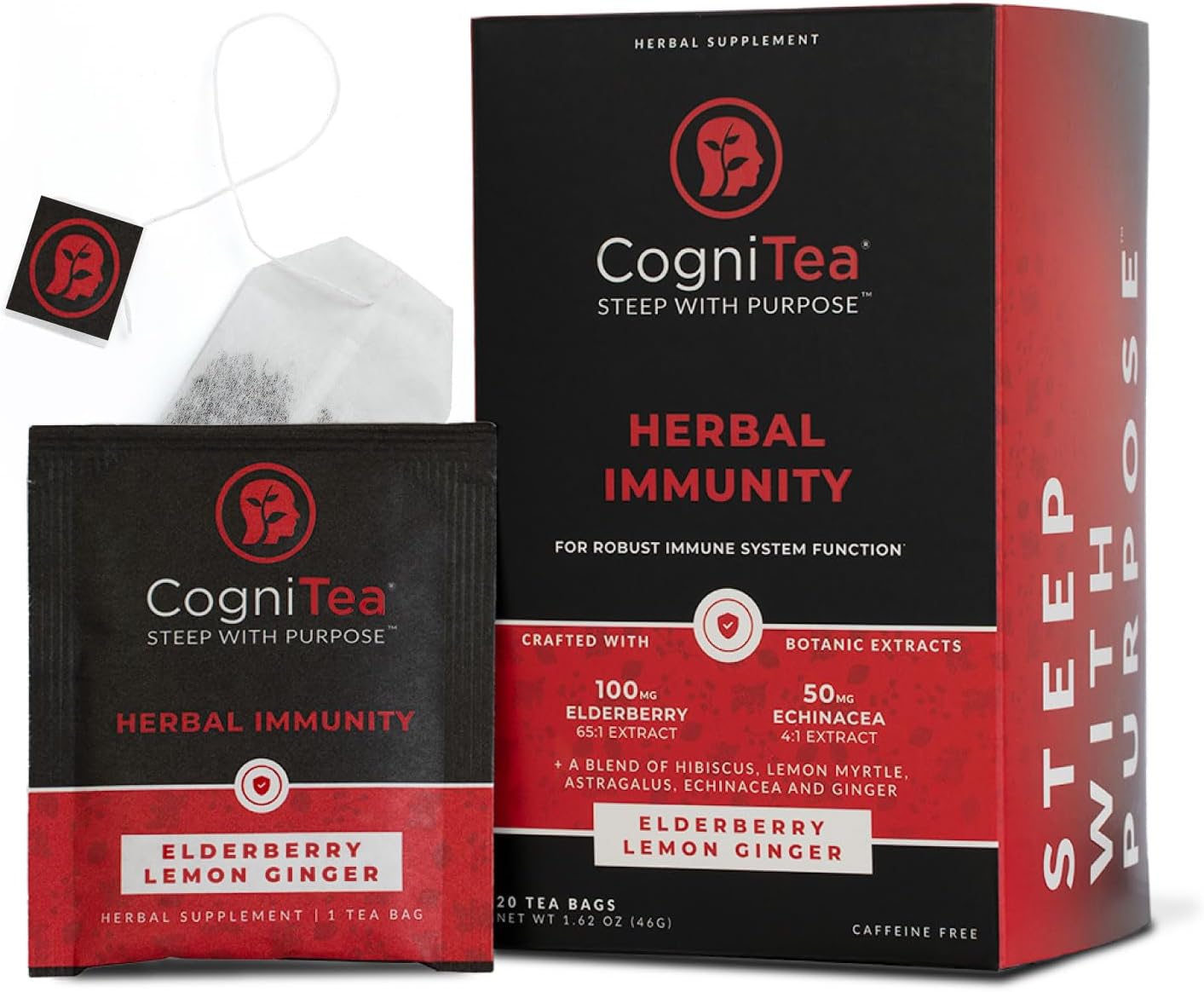 Herbal Immunity Tea - Immune System Booster - 100mg High- Potency Elderberry, 50mg Echinacea, Lemon, & Ginger Organic Herbal Tea Bags - Caffeine Free Immunity Boost