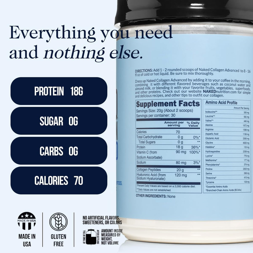 NAKED Collagen Advanced - Peptides Protein Powder, Hyaluronic Acid, Vitamin C, Pasture-Raised, Grass-Fed Hydrolyzed Collagen Supplement, Paleo Friendly, Non-GMO, Keto, Gluten Free, 21oz - 30 Servings