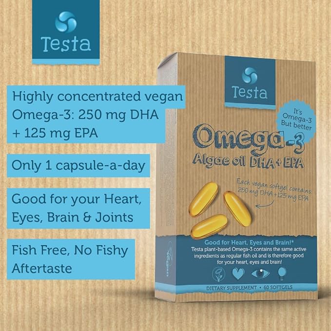 Testa Omega-3 - Plant Based DHA + EPA from Algae Oil - Pure and Vegan Omega-3 - Much Healthier Than Fish Oil - 60 Capsules (8 Pack)