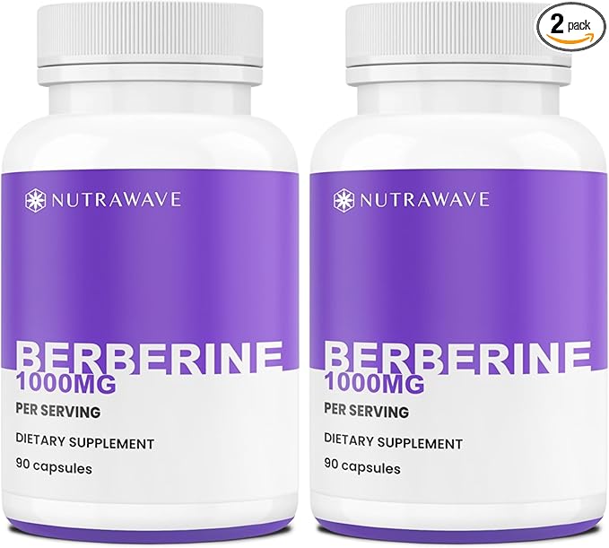 Nutrawave Pure Berberine Maximum Potency - 1000mg Per Serving - 2 Capsules 500mg Each - Supports Blood Sugar Levels, Healthy Lipid (Fat) and Glucose Metabolism - Non-GMO, Vegan - 2 Pack