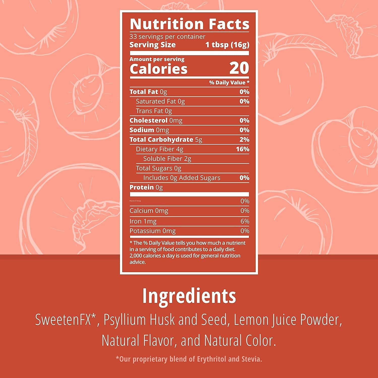 Sugar-Free Psyllium Husk Fiber Powder, Peach Flavored 19 oz