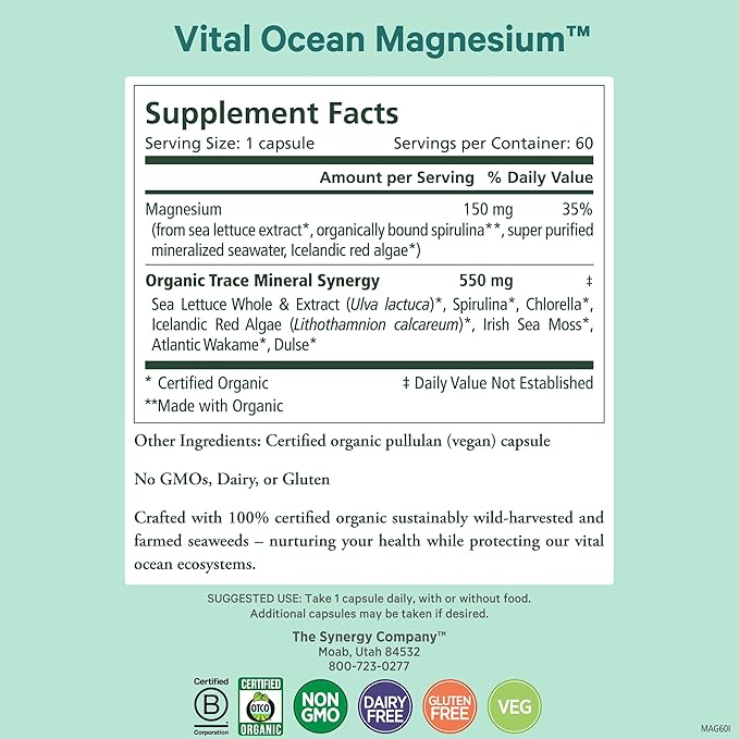 PURE SYNERGY Vital Ocean Magnesium | Organic Magnesium Supplement Capsules | Vegan, Seaweed-Based Complex with Spirulina, Chlorella, & Wakame | for Energy, Sleep, & Stress (60 Capsules)