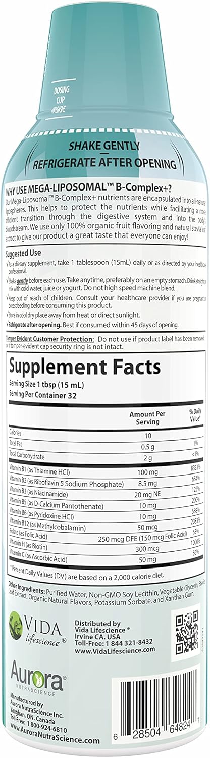 Aurora Nutrascience Mega-Liposomal B-Complex + Vitamin C, Supports Energy, Immune & Nervous System Health, Gluten Free, Non-GMO, Sugar-Free, Organic Fruit Flavor, 32 Servings, 16 Fl oz