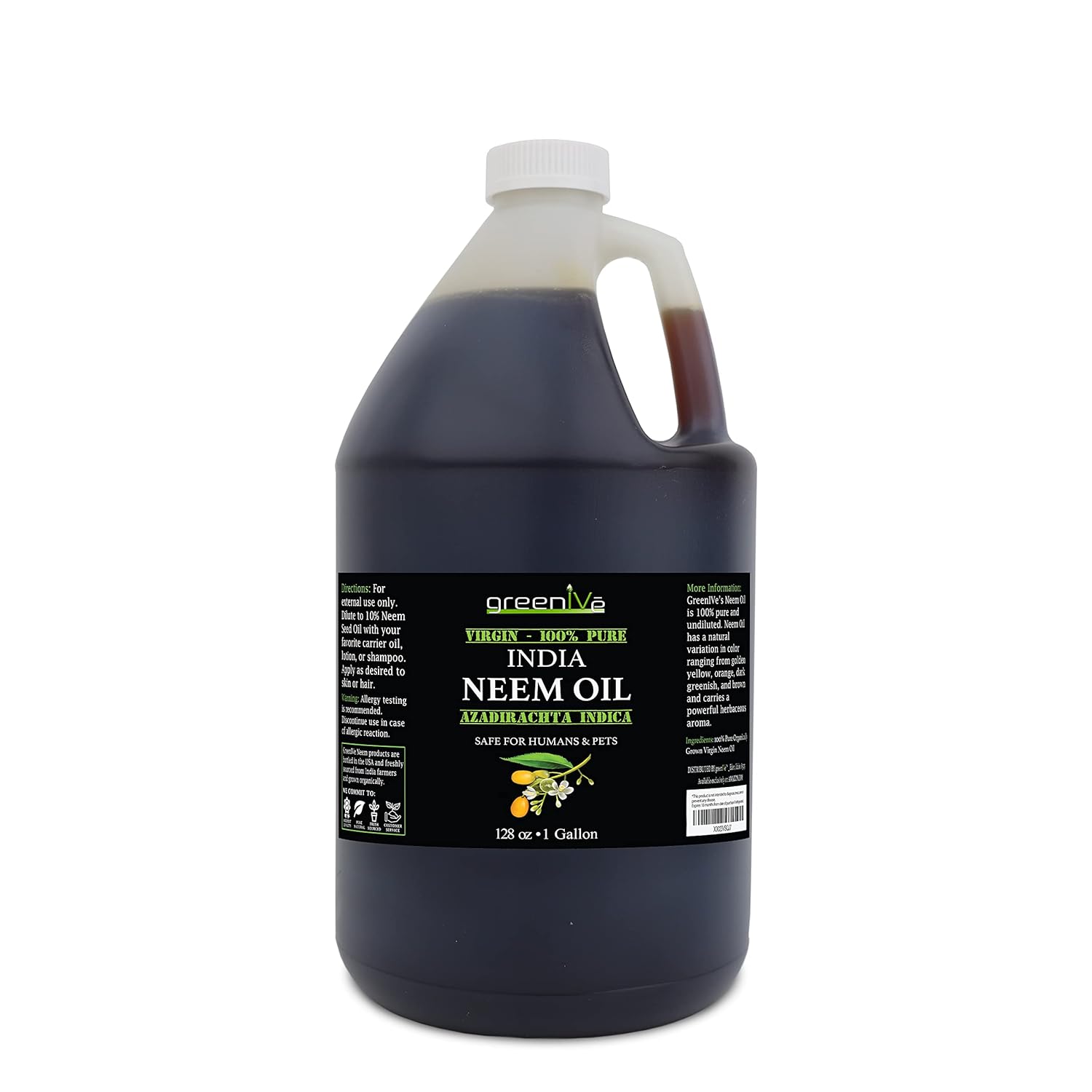 GreenIVe Neem Oil, 100% Cold Pressed Virgin, Pure Unrefined, 128 Fl Oz (1 Gallon), Natural Plant-Based, Non-GMO