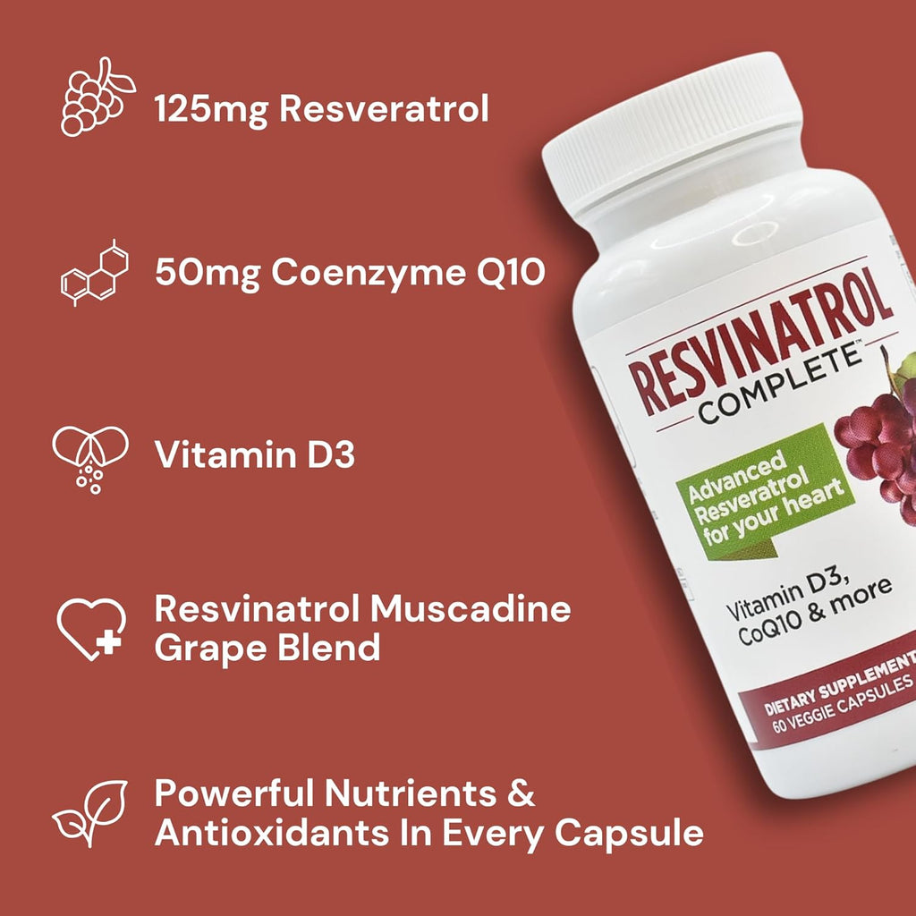 Capsules, 60 Count- Resveratrol Supplement Supports Healthy Aging, Heart Health, and Immune Function with Quercetin, Grape Seed Extract, Vitamin D3 and CoQ10